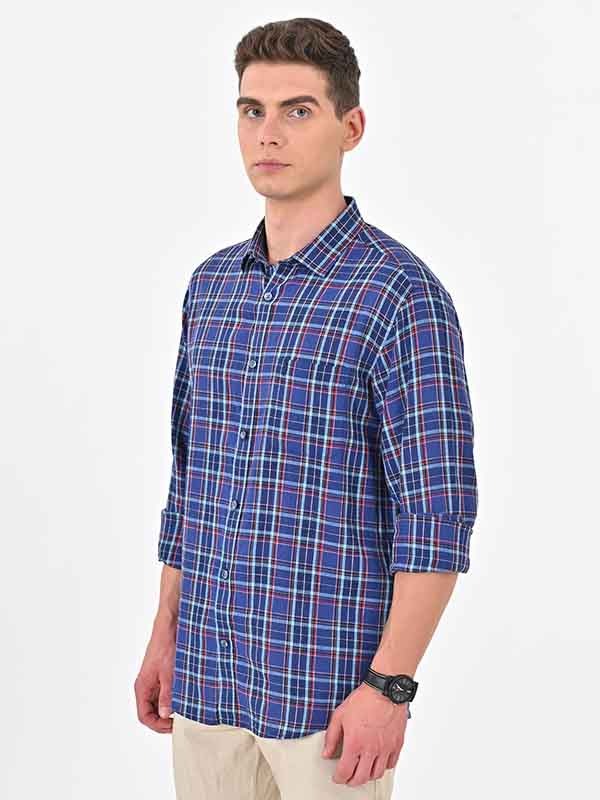 Indian Terrain Men's Regular Fit Full Sleeve Checkered Navy Shirt